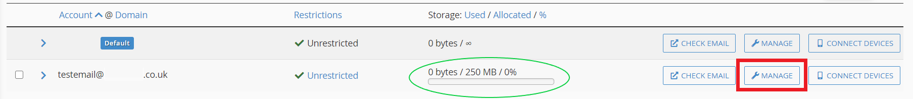 Email Account - cPanel Manage Button