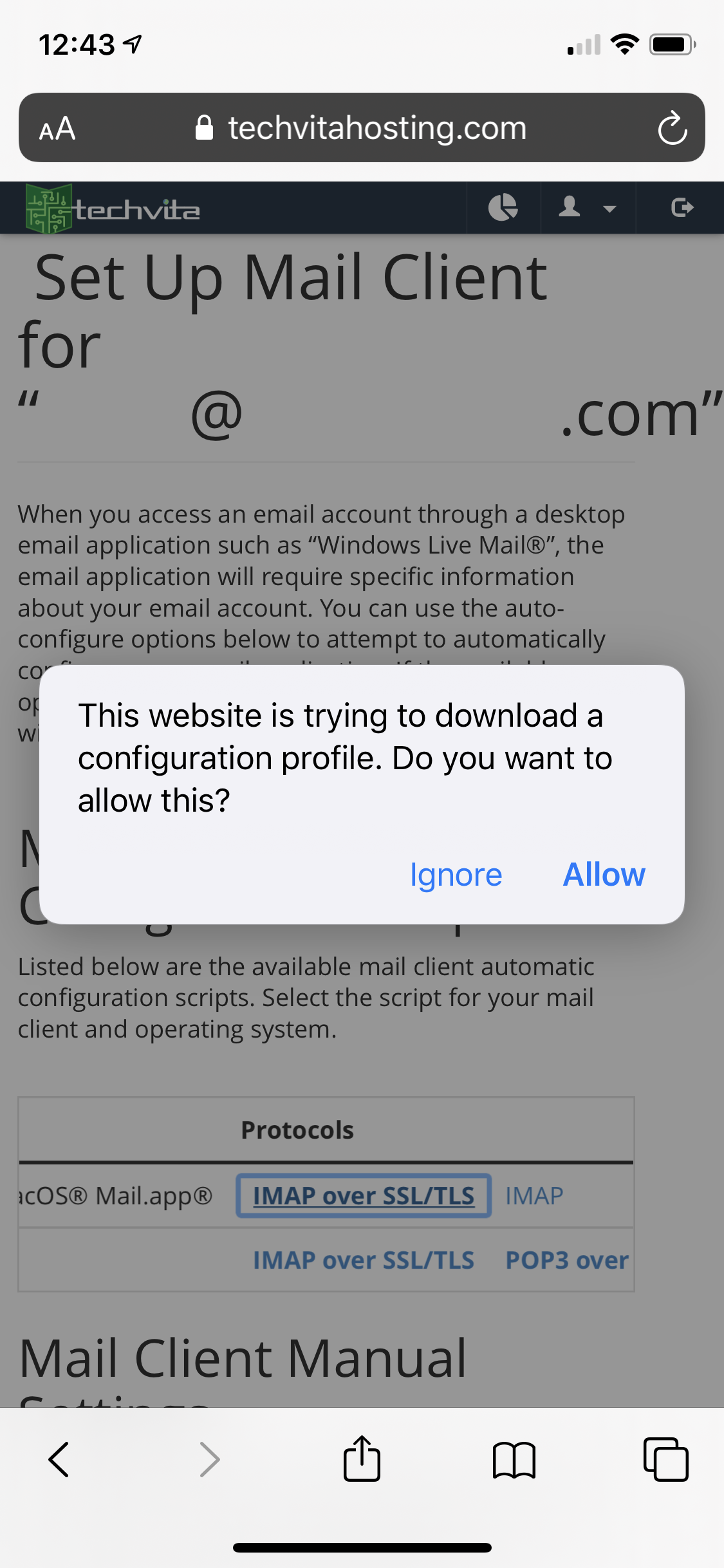 Tap allow to to permit Safari (cPanel profile)