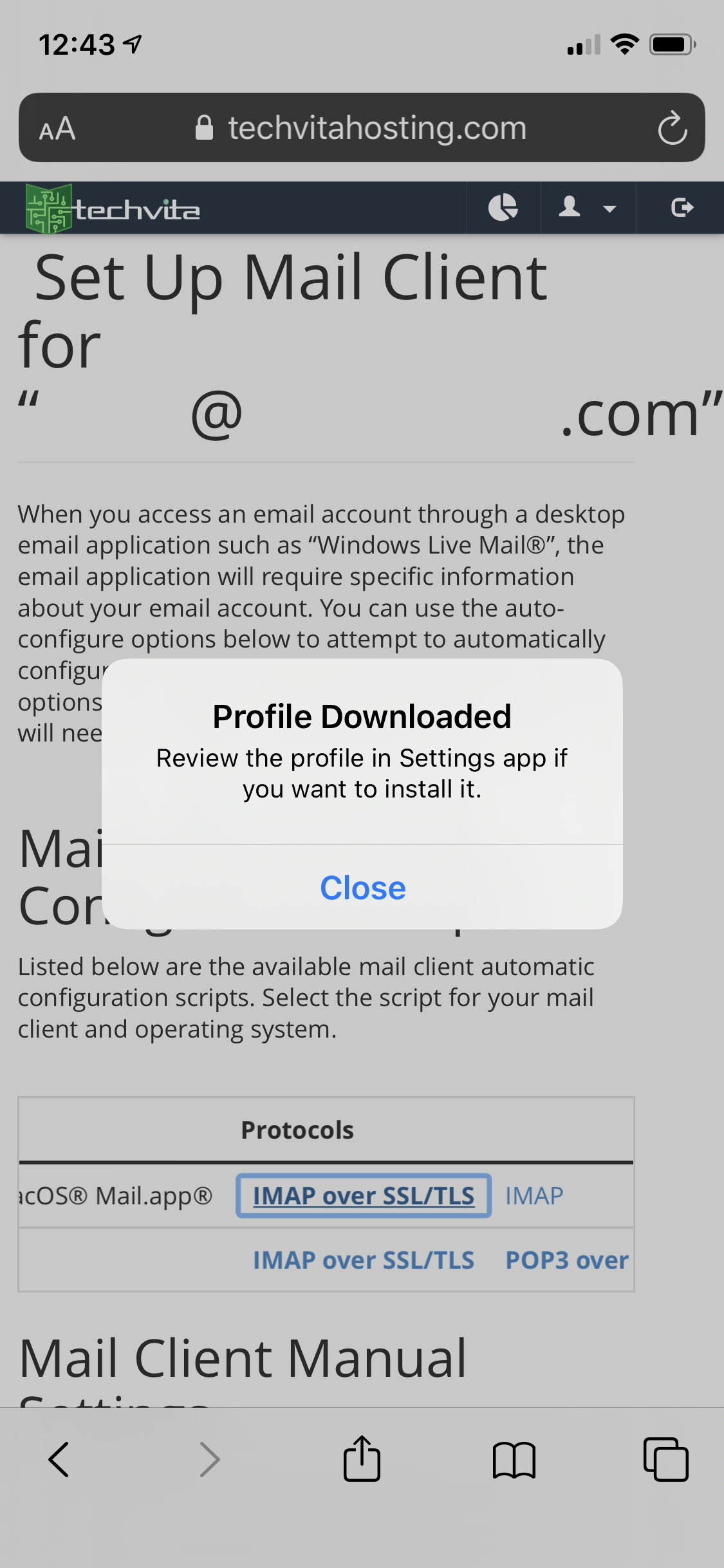 Tap close (cPanel mail profile downloaded)