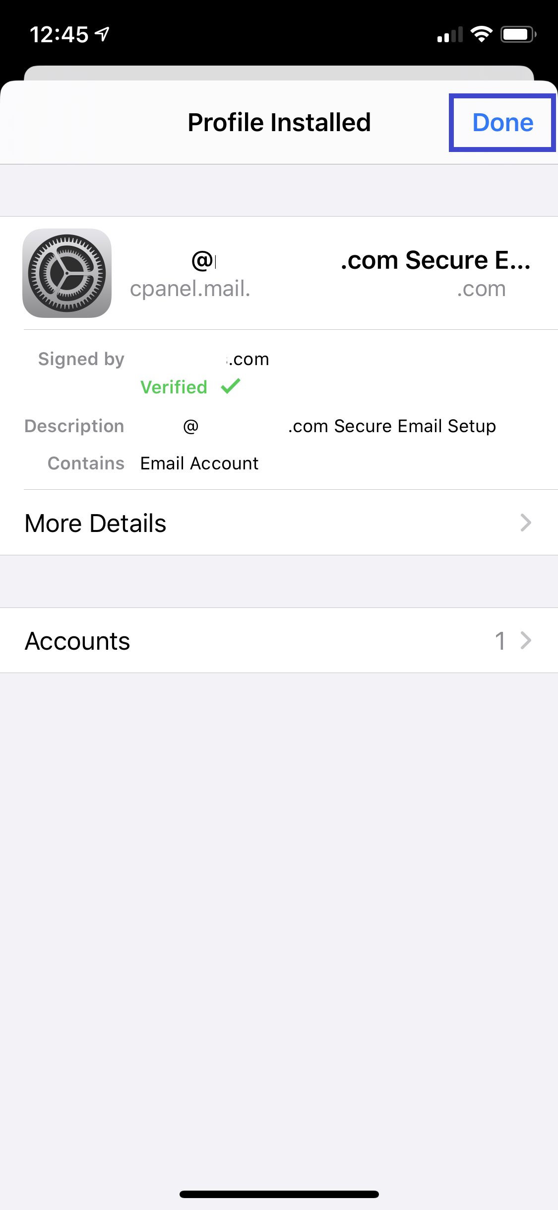 Tap Done to finish profile install