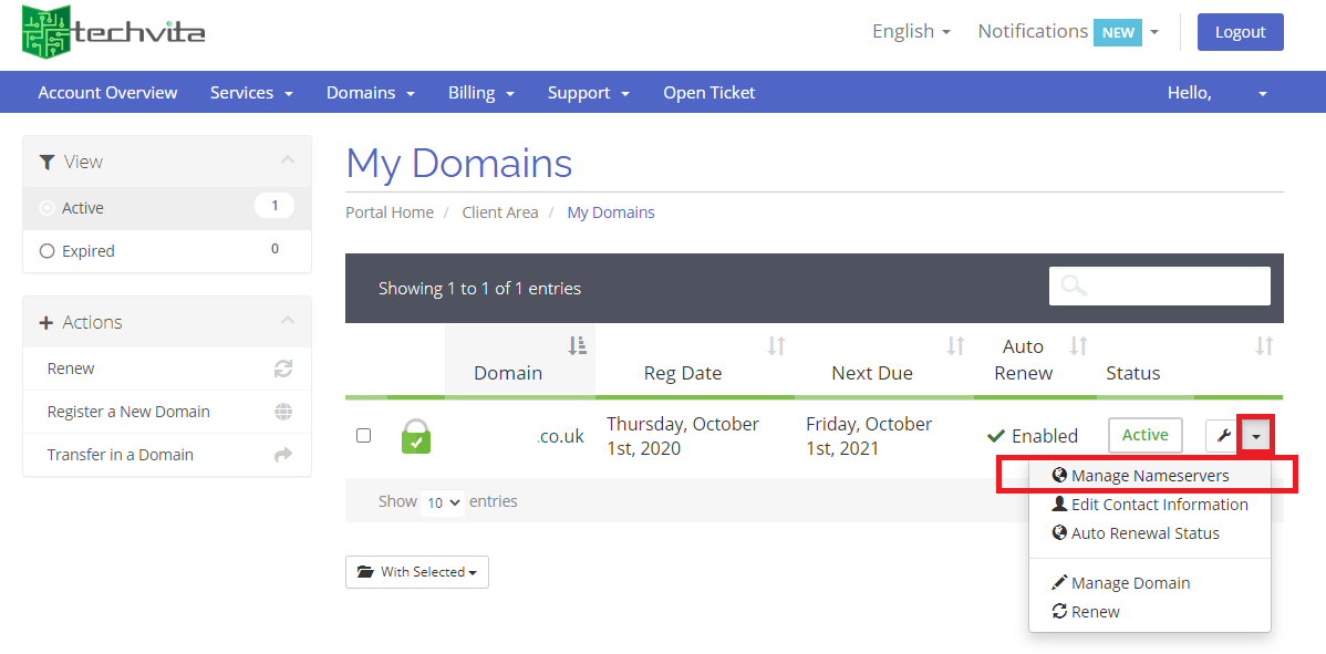 Manage Nameservers Link